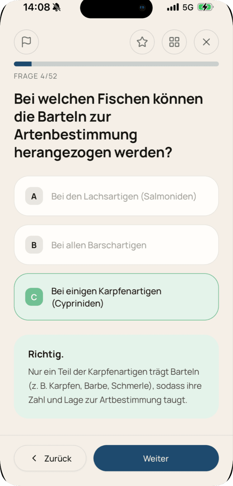 Frage mit Feedback in der Fischtest App