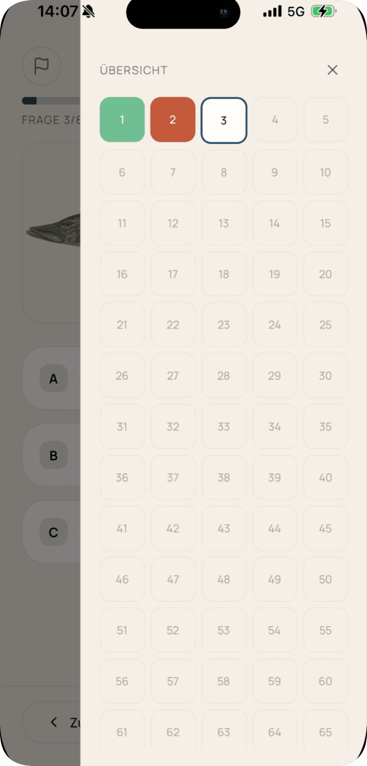 Übersicht aller Fragen in der Fischtest App