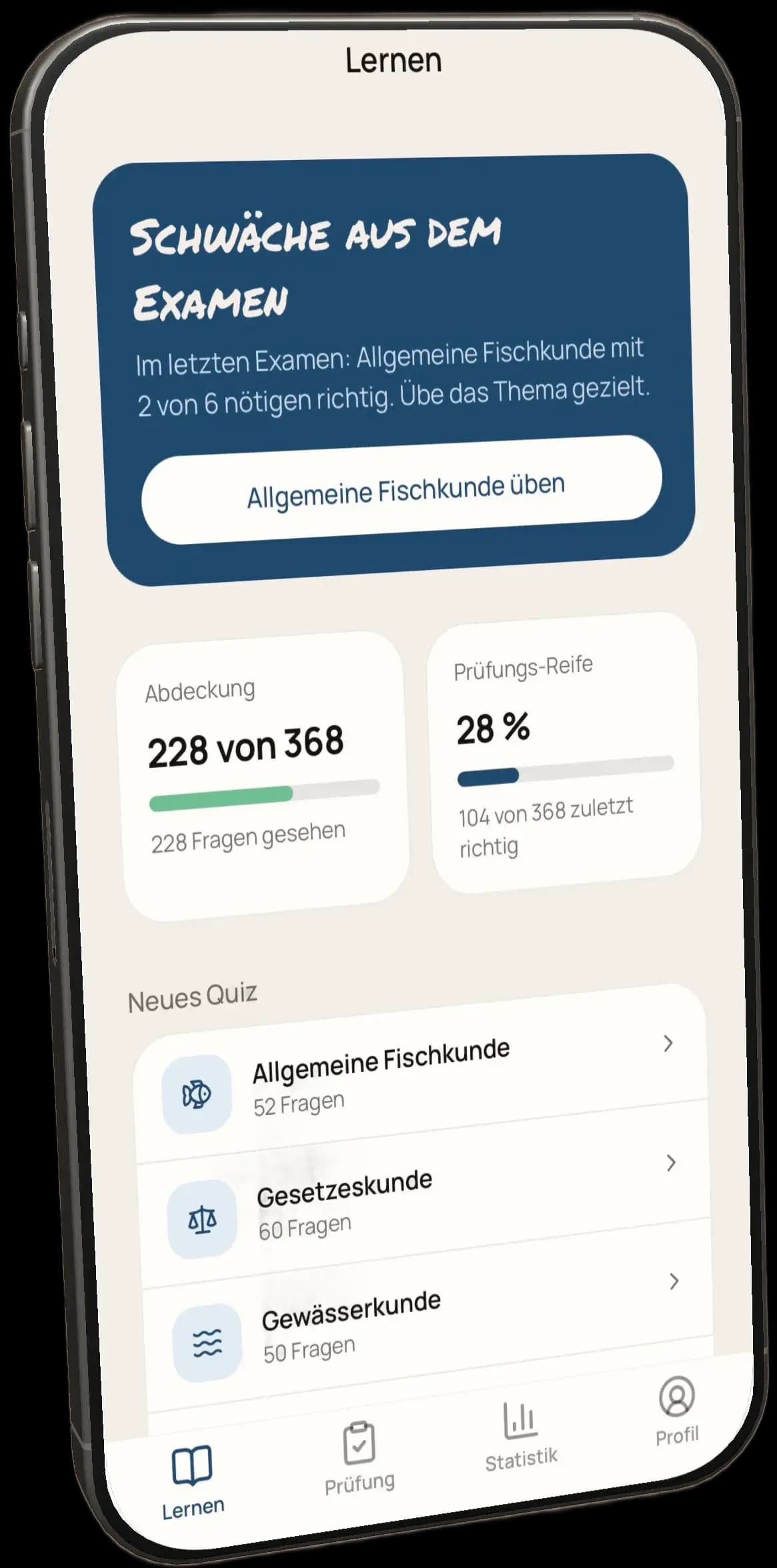 Lernübersicht der fischtest-App mit Abdeckung und Prüfungs-Reife