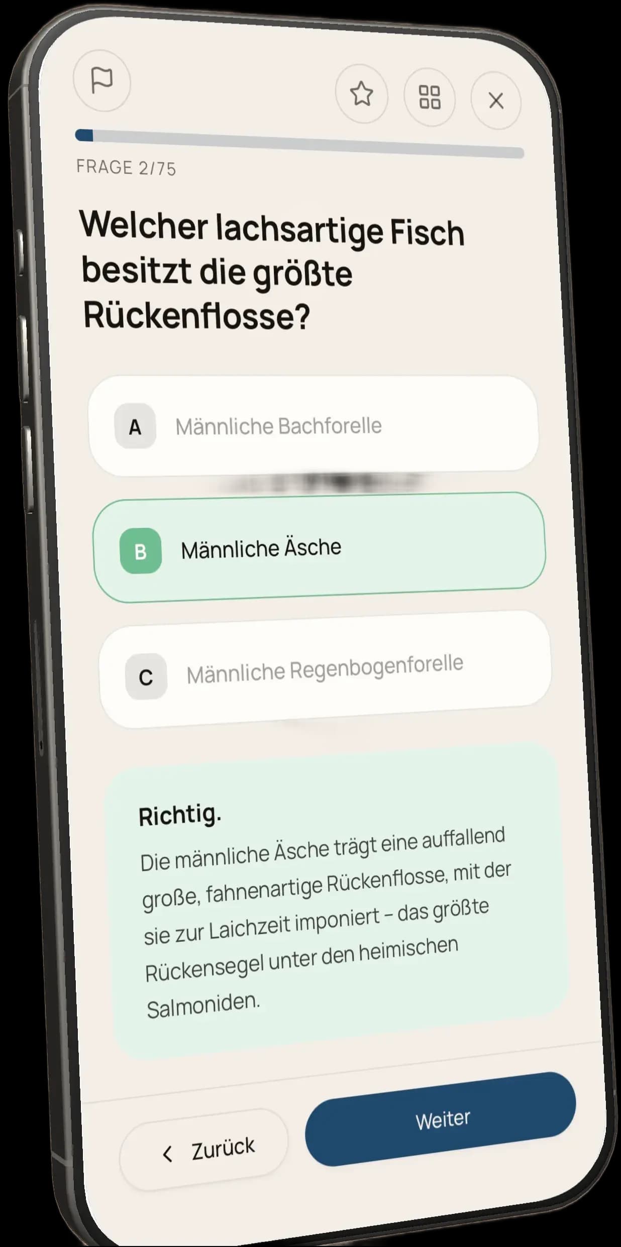 Prüfungsfrage mit Erklärung in der Fischtest App