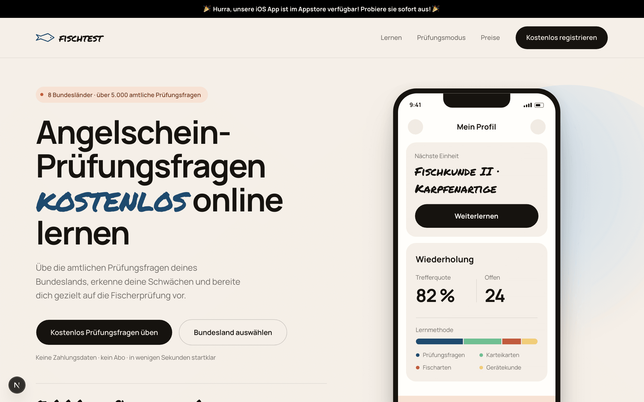 Die Lernansicht von fischtest im Browser